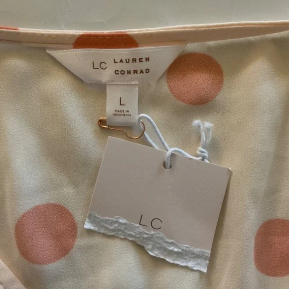 Lauren Conrad Faux Wrap Midi Dress Sz L Peach Orange Polka Dot Flutter Sleeve - Picture 7 of 11